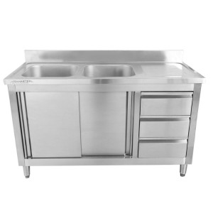 Meuble Plonge 2 Bacs avec Dosseret et 3 Tiroirs - 1400 x 600 mm - Bac à Gauche - Dynasteel