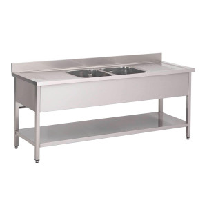 Nerūsējošā tērauda izlietne ar zemu plauktu, 2 bļodas centrā - L 2000 x P 700 mm - Gastro M