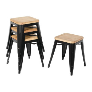 Taburetes Bistro Zemi no Melna Tērauda ar Koka Sēdekli - Komplekts no 4 - Bolero