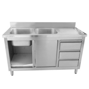 Meuble Plonge 2 Bacs avec Dosseret - 1400 x 600 mm - Bac à Gauche - Dynasteel