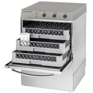 Profesionālā trauku mazgājamā mašīna ar skalošanas šķidruma un mazgāšanas līdzekļa dozatoru - 50 x 50 cm