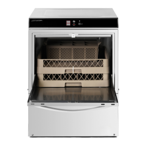 Profesionālā trauku mazgājamā mašīna ar skalošanas šķidruma un mazgāšanas līdzekļa dozatoru un iztukšošanas sūkni - 50 x 50 cm -