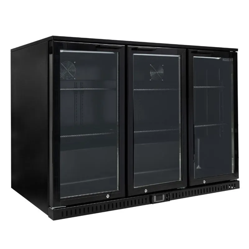 Bāra Dzesētājs 328 L, 3 Veramas Stikla Durvis, +2/+8 °C, Skinplate, Melns, R290, Plusa Temperatūras Dzesēšana Bāriem & CHR