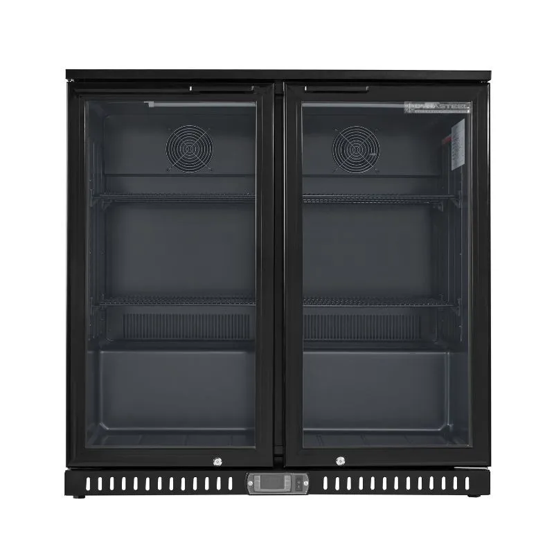 Aizmugures bāra ledusskapis 209 L 2 stikla veramās durvis, ventilēta dzesēšana 2/8°C, melns skinplate, vitrīna zem