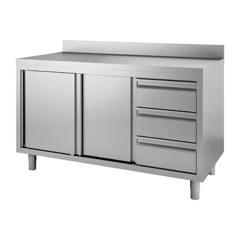 Nerūsējošā tērauda skapis ar aizmugurējo paneli, 3 atvilktnēm labajā pusē un bīdāmām durvīm - L 1200 x P 700mm