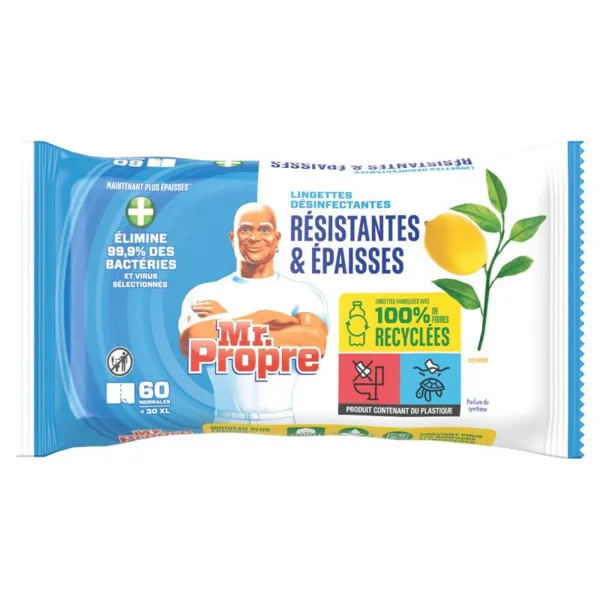 Lingettes Désinfectantes Antibactériennes au Citron - 60 Lingettes